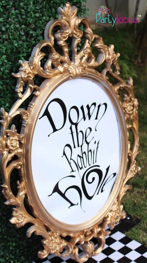 Printed & framed "Down the Rabbit Hole" sign from an Alice in Wonderland Birthday Tea Party on Kara's Party Ideas | KarasPartyIdeas.com (38) Wonderland Party Theme, Alice In Wonderland Garden, Alice In Wonderland Room, Deco Disney, Wonderland Party Decorations, Alice In Wonderland Decorations, Birthday Tea Party, Alice In Wonderland Tea Party Birthday, Onederland Birthday Party