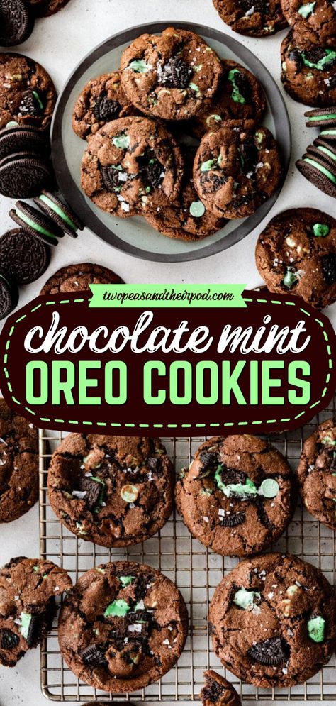 These Chocolate Mint Oreo Cookies are St. Patrick's day sweet treats that start with chocolate cookies with chocolate chips, mint chips, and mint Oreos! Add these decadent cookies to your favorite St. Patrick's day dessert ideas! Chocolate Mint Oreo Cookies, Baking Oreo Recipes, Grasshopper Cookies Recipes, Dessert With Mint Oreos, Recipes With Mint Oreos, Cookies For St Patricks Day, Mint Oreo Cookie Recipes, Dark Chocolate Mint Cookies, Mint Oreo Recipes