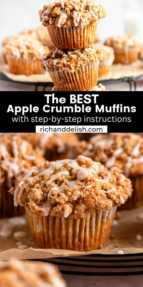 These apple crumble muffins are made with moist cinnamon muffin batter, filled with chopped apples, topped with a buttery crumble, and topped with a delicious glaze. Apple Muffins With Streusel Topping, Fall Coffee Cake Muffins, Apple Chunk Muffins, Apple Spice Muffins Using Box Cake, Apple Spice Muffins With Oat Streusel, Apple Streusel Cupcakes, Apple Spice Cake Muffins, Apple Pie Filling Muffin Recipes, Apple Cobbler Cupcakes