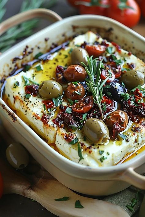 Baked Feta with Olives & Sun-Dried Tomatoes Baked Feta With Olives, Feta With Olives, Baked Feta, Healthy Cookie Recipes, Sun Dried Tomatoes, Sun Dried, Grocery List, Yummy Appetizers, Sun Dried Tomato