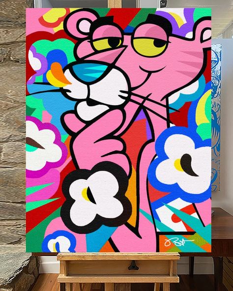 Pink Panther Painting Canvas, Graffiti Painting On Canvas Acrylic, Pink Panther Pop Art, Pop Art Drawings Ideas, Pink Panther Painting, Asthetic Paintings, Burton Morris, Pop Up Books, Skateboard Ideas