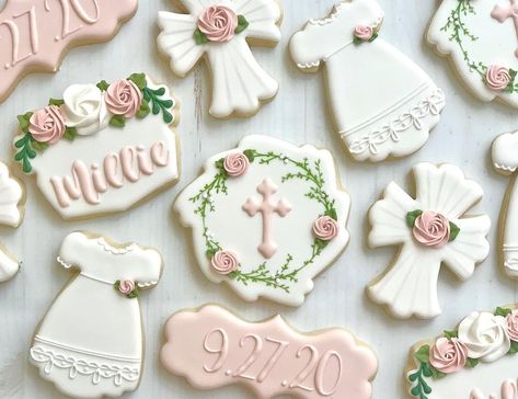 Baptism Cookies Decorated, Communion Cookies, Floral Cookies, Cross Cookies, Baptism Cookies, Vanilla Sugar Cookie, Sweet Baby Girl