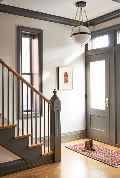 Painted Trim Ideas {That Aren't White} - The Honeycomb Home Charcoal Trim White Walls, Dark Color Trim Interior, Oak Floor Paint Colors, Entryway Paint Ideas Foyers Wall Colors, Charcoal Trim Interior, Dark Trim Interior, Darker Trim Lighter Walls, Dark Trim Light Walls, Light Walls Darker Trim