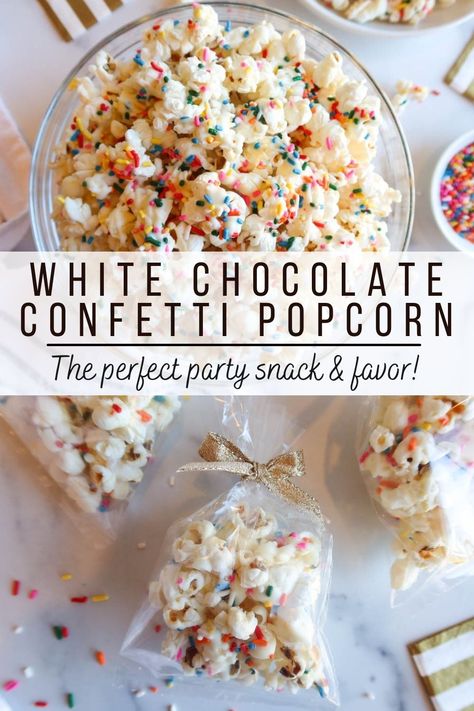 Popcorn Sweet Recipes, Sprinkle Party Food Ideas, Drizzle Popcorn Recipe, Popcorn Ideas For Party, Popcorn Snacks For Party, Dessert Popcorn Recipes, Drizzled Popcorn Recipe, Candied Popcorn Easy, New Year Snack Ideas