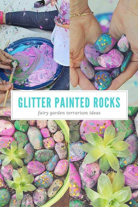 Glitter Painted Rocks for Fairy Gardens Small Garden Layout, Fairy Garden Birthday Party, Fairy Garden Party, Garden Party Birthday, Genius Ideas, Fairy Birthday Party, Fairy Crafts, Garden Birthday, Garden Terrarium