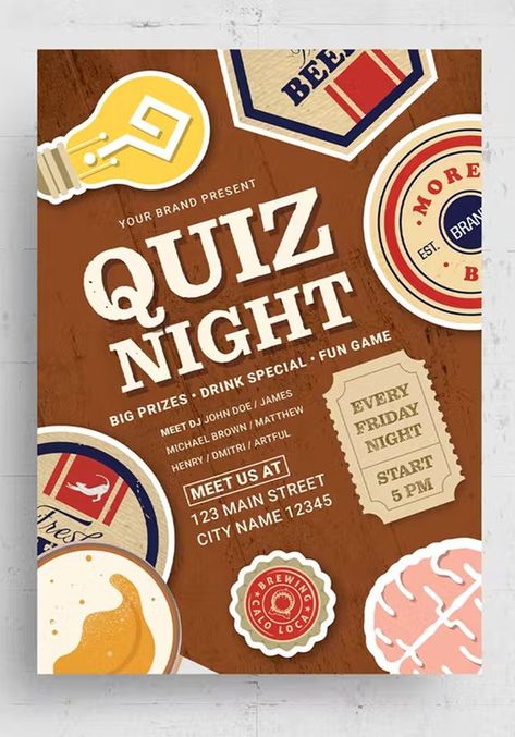 Pub Quiz Night Template Flyer Template AI, PSD Pub Events Ideas, Pub Quiz Poster, Pub Social Media, Quiz Night Poster, Pub Night, Quiz Design, Pub Quiz, Flyer Design Layout, Michael Brown