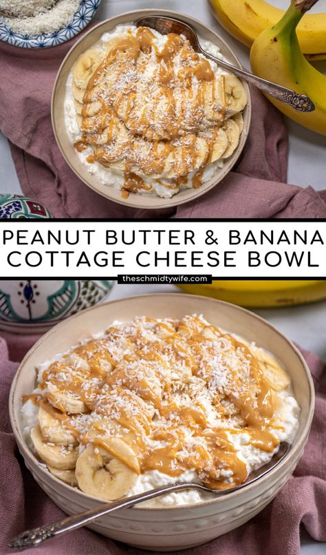 With creamy cottage cheese, bananas, peanut butter, and coconut make yourself a protein packed breakfast! Easy to make Peanut Butter & Banana Cottage Cheese Breakfast Bowls will keep you full and focused all day long. Banana Cottage Cheese, Cottage Cheese Bowl, Cottage Cheese Breakfast Bowl, Cottage Cheese Recipes Healthy, Cheese Bowl, Cottage Cheese Desserts, Cottage Cheese Breakfast, Packed Breakfast, Breakfast Easy