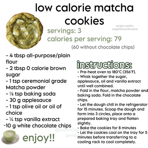 Low Calorie Deficit, Snack Low Calorie, Food Low Calorie, Matcha Cookies Recipe, Food Minimalist, Calorie Counting Diet, Cookie Chocolate Chip, Karina Fancam, Low Calorie Cookies