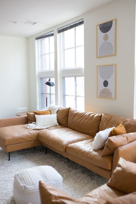 Albany Park Leather Sectional, Vegan Leather Couch Living Room, Vegan Leather Sectional, Cozy Leather Couch, Best Sofa Designs, Tan Leather Sectional, New Orleans Interior, New Orleans Aesthetic, New Orleans Interior Design