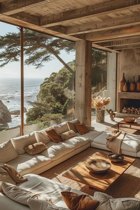 Nestled in the cliffs of Big Sur, this haven uses a California home interior design that harmonizes with the natural surroundings. The use of floor-to-ceiling windows maximizes views of the dramatic coastline and forest. Interiors incorporate elements like stone, wood, and fibers found in the local environment. The color scheme is drawn from the earth, sea, and sky, creating a serene retreat. Learn more about nature-inspired havens in Big Sur by clicking or tapping here. Southern California Aesthetic Home, California Home Aesthetic, California Aesthetic Home, California Home Interior, Home Interior Styles, Ocean View Home, California Beach House, Home Interior Ideas, California Aesthetic