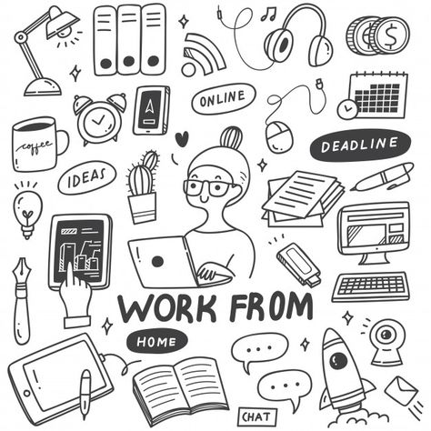 Work from home concept doodle set Premiu... | Premium Vector #Freepik #vector #coffee Work Out Doodles, Cute Doodle Illustration, Technology Doodle, People Doodles, Work Doodles, Doodle Art Letters, Doodle Art For Beginners, Arte Doodle, Doodle Art Journals