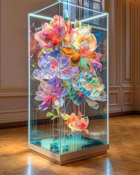 Iridescent flower museum gallery 😍 #flowers #museum #peonies #gallery #iridescent #museumgallery #roccoco #glass #aiart Flower Window Display, Flower Museum, Glass Flower Art, Colored Glass Vase, Art Museum Aesthetic, Art Curation, Creative Booths, Wonderland Artwork, Colored Glass Vases