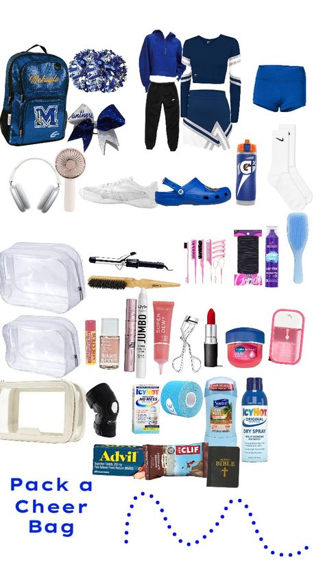 Cheer Bag Packing #Cheer #cheeroutfit #cheerbag #gameday What To Keep In Your Cheer Backpack, What To Pack In My Cheer Bag, Cheerleading Bag Essentials, What To Pack In Cheer Bag, Cheer Comp Packing List, What’s In My Cheer Bag, Cheer Camp Packing List, Cheer Packing List, What To Put In Your Cheer Bag