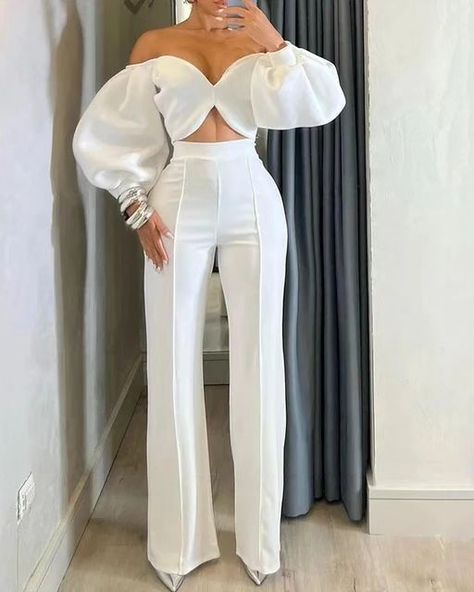 https://s.click.aliexpress.com/e/_DCt3s9t Lantern Sleeve Top, Mid Waist Pants, Two Piece Pants Set, Elegante Casual, Elegant Casual, Straight Leg Trousers, Set Women, Lantern Sleeve, Off Shoulder Tops