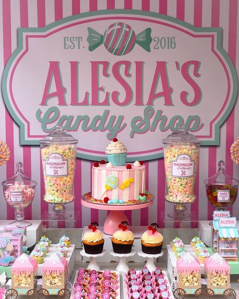 Candy Land Candy Table, Candy Store Birthday Party, Candy Shop Theme Birthday Party, Candy Shop Party Ideas, Sweet Shoppe Birthday Party Decorations, Candy Buffet Tables Birthday, Birthday Sweets Table Ideas, Candyland Treat Table, Summer Candy Table Ideas