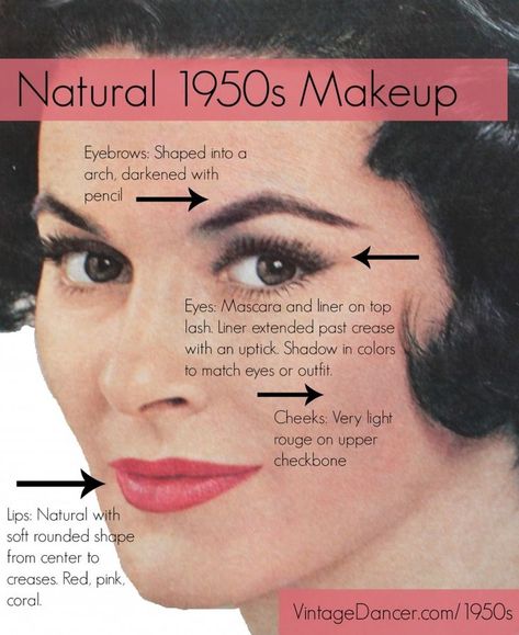 Authentic and natural 1950s makeup guide. How to create a vintage makeup look worn by real women in the 1950s. vintagedancer.com/1950s/1950s-makeup/ 1950’s Makeup, 1950s Makeup Tutorial, 1950 Makeup, 1950s Hair And Makeup, 1950's Makeup, 1950s Beauty, Make Up Guide, 1950s Makeup, 50s Makeup