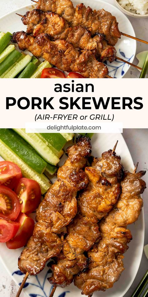 Pork Skewer Recipes, Airfryer Pork Belly Recipes, Air Fryer Chinese Recipes, Ginger Recipes Dinner, Cucumber Sticks, Asian Pork Recipes, Asian Grill, Pork Kabobs, Pork Skewers