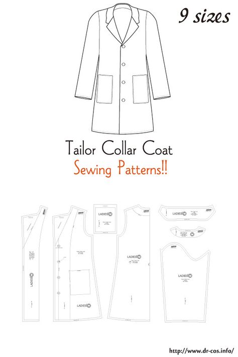 This is the pattern of a Tailor Collar Coat. inch size(letter size) Children's-4,8,10/Ladies'-S,M,L,LL/Men's-L,LL cm size(A4 size) Children's-100,120,140/Ladies'-S,M,L,LL/Men's-L,LL Womens Coat Outfit, Trench Coat Pattern Sewing Free, Raincoat Pattern Sewing, Doll Coat Pattern Free, Clothing Patterns Men, Free Coat Pattern, Sewing Coat Pattern, Easy Coat Pattern, Coat Collar Pattern