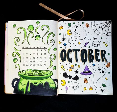 October Aesthetic Journal, Halloween Calender Ideas, Halloween Theme Journal, October Calendar Doodles, Halloween Diary Ideas, October Journal Cover Ideas, October Diary Ideas, October Notebook Ideas, Halloween Bujo Ideas