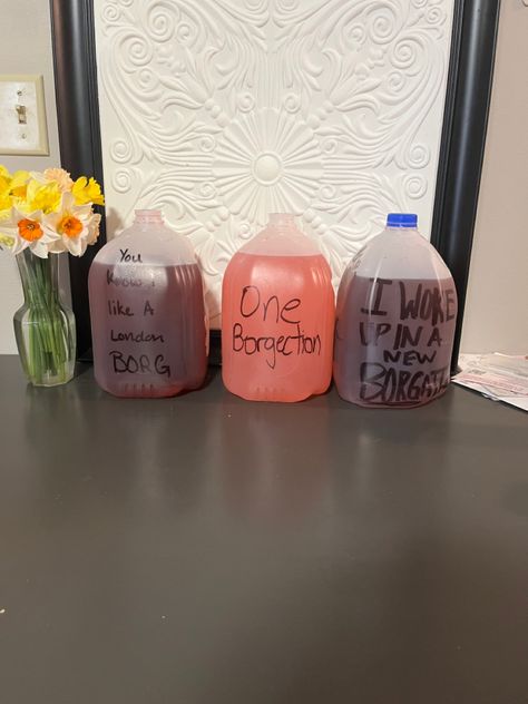 3/4 full jug of water, vodka (to taste), 2 packs of liquid iv, koolaid, and sugar Borg Names, Borg Ideas, Jug Of Water, College Drinks, Liquid Iv, Binder Cover, Tiktok Account, Kool Aid, Drinking Games