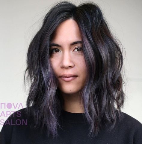 Black Hair with Lilac Highlights Dark Hair With Lavender Highlights, Purple Lowlights In Black Hair, Lavender Highlights Dark Hair, Lilac Highlights Brown Hair, Purple Highlights Black Hair, Subtle Purple Highlights, Highlights For Kids, Black Hair With Purple Highlights, Dark Brown With Purple