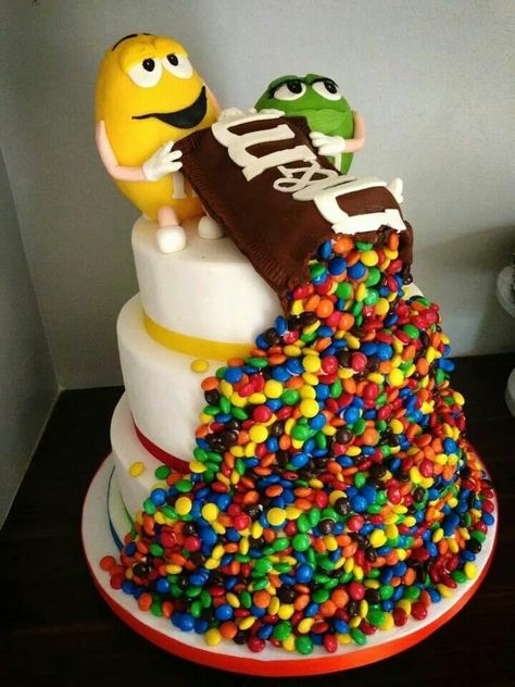 Found your next birthday cake! I'm so doing this! M &M's of course the inside of cake has to be chocolate - http://teacakecafe.net/ Kue Disney, Nerdy Wedding Cakes, M&m Cake, Funny Birthday Cakes, Crazy Cakes, Banana Chocolate Chip, Banana Cake, Fancy Cakes, Cake Creations