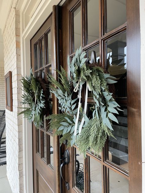 The Best Wreath Hooks for Glass Doors | Highland Home Design Company Christmas Decor For Double Front Doors, Wreaths On House Exterior, Wreaths On Double Front Doors, Wreaths On Glass Front Doors, Double Front Door Christmas Wreaths, Wreath Hangers For Glass Front Door, Glass Door Wreath Hanger, Hang Wreath On Glass Door, Decorating Double Front Doors