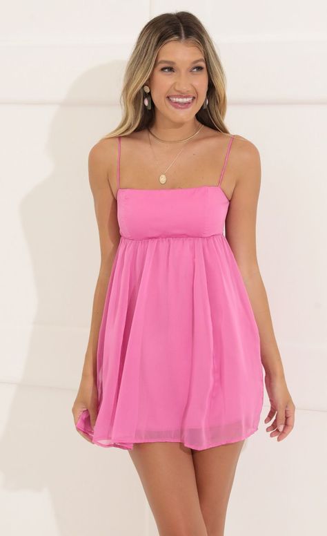 Baby Doll Hoco Dress, Pink Outfits Summer, Homecoming Dresses Flowy, Evening Gowns Pink, Pink Baby Doll Dress, Recruitment Dresses, Homecoming Inspo, Chiffon Babydoll Dress, Mitzvah Dresses