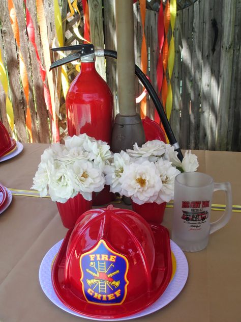 Centerpiece Firefighter Centerpiece Ideas, Fire Academy Graduation Party, Firefighters Wedding, Firehouse Wedding, Fire Department Christmas, Fireman Decor, Fireman Wedding, Fire Academy, Banquet Centerpieces