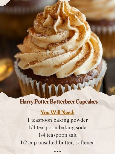 Grandma’s Easy Recipes | Harry Potter Butterbeer Cupcakes | Facebook Butterbeer Cupcakes, Butterscotch Sauce Recipes, Harry Potter Butterbeer, Baking Powder Recipe, Harry Potter Treats, Soften Brown Sugar, Harry Potter Cupcakes, Harry Potter Butter Beer, Butterscotch Sauce