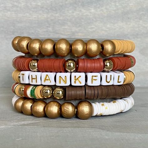 Beaded Heishi Bracelet - Handmade Jewelry - Thanksgiving Thanksgiving Beaded Bracelets, Thanksgiving Bead Bracelet, Heishi Bracelet, Clay Bracelet, Bracelets Diy, Bracelet Ideas, Beaded Bracelets Diy, Bracelet Handmade, Clay Jewelry