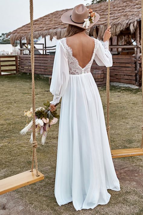 Elegant Boho Wedding Dress Long Sleeve, Country Boho Wedding Dress Plus Size, Country Dress Wedding, Wedding Dresses Comfortable, Loose Long Sleeve Wedding Dress, Boho Summer Wedding Dress, Boho Wedding Dress With Sleeves Bohemian, Casual Fall Wedding Dress, February Wedding Dress