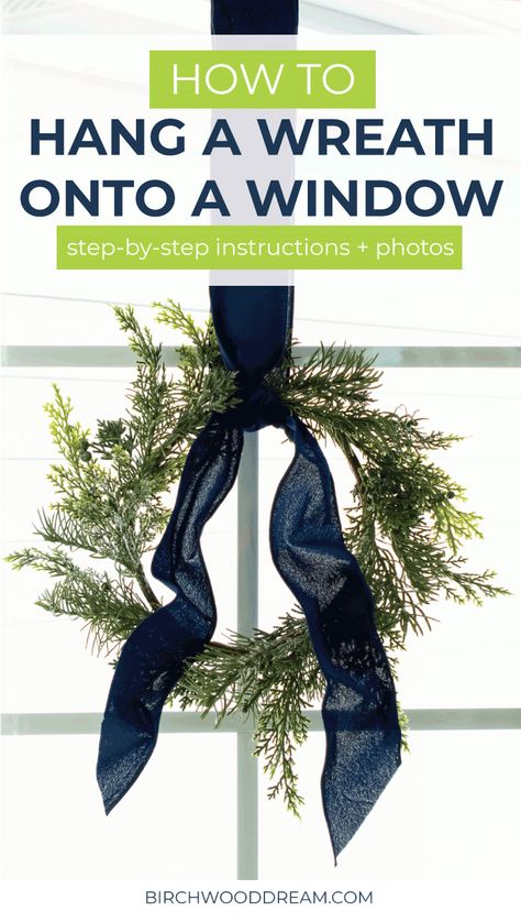 How to Hang a Wreath onto a Window with Ribbon Wreath Hanging From Ribbon, How To Hang Wreaths On Windows, Indoor Wreaths, Christmas Wreaths For Windows, Wreath Window, Outdoor Christmas Wreaths, Classy Christmas Decor, Wreath Inside, Window Wreath