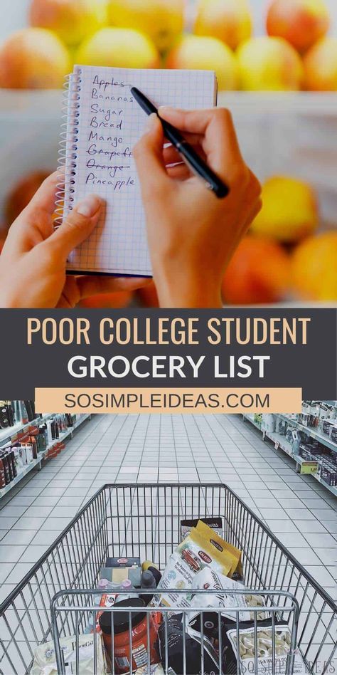 Need to pick up cheap food items at a local grocery store? In this post, you'll find inexpensive food for a poor college student grocery list. Cheap Food For College Students, Cheap Food Shopping List, Breakfast College Student, College Shopping Lists Grocery, Meal Ideas For College Students Budget, Cheap College Grocery List, Poor College Student Food, Dorm Room Food Ideas Grocery Lists, Simple Meals For College Students