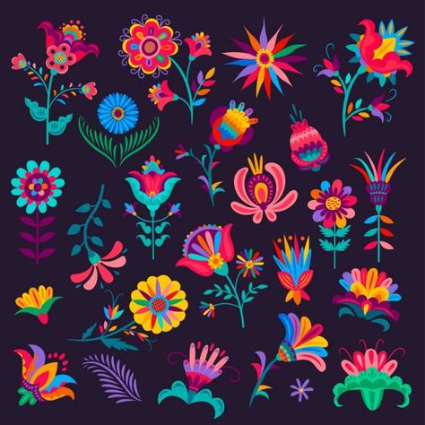 Mexican Stitching Tattoo, Folkart Patterns, Mexican Flower Tattoo, River Mural, Cartoon Mexican, Encanto Dress, Mexican Motifs, Mexico Flowers, Skull Game