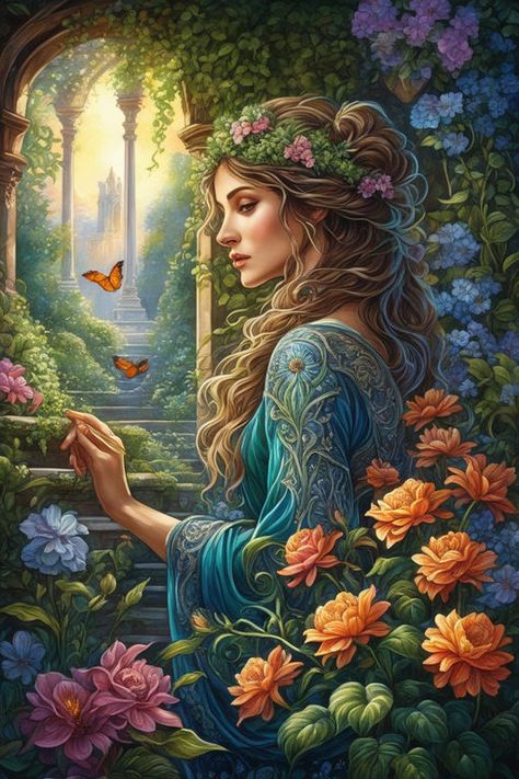 Art by Dan Mumford Josephine Wall Overgrown blooming flowe... by jgmlive - Playground Josephine Flawless, Josephine Wall Zodiac, Joseph Yarnell Paintings, Josephine Wall Puzzles, Fairy Garden Digital Art, Dan Mumford, Josephine Wall, Angel Warrior, Bridal Diamond Jewellery