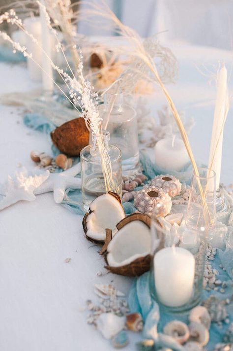 Blue Beach Wedding Decorations, Coconut Wedding Table Decor, Beachy Table Settings, Sea Table Setting, Starfish Table Decor, Beach Table Decorations Sea Theme, Coconut Wedding Decoration, Ocean Wedding Table Decor, Blue Ocean Wedding Theme