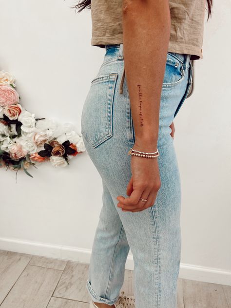 Forearm Tattoo Women Feminine, Date Tattoo On Forearm, Tattoo Words On Forearm, Cursive Last Name Tattoos, Small Arm Tattoo Placement For Women, Tattoo Placement Ideas Quotes, Wrist Text Tattoos For Women, Handwriting Tattoo Placement Ideas, Forearm Tattoo Women Writing