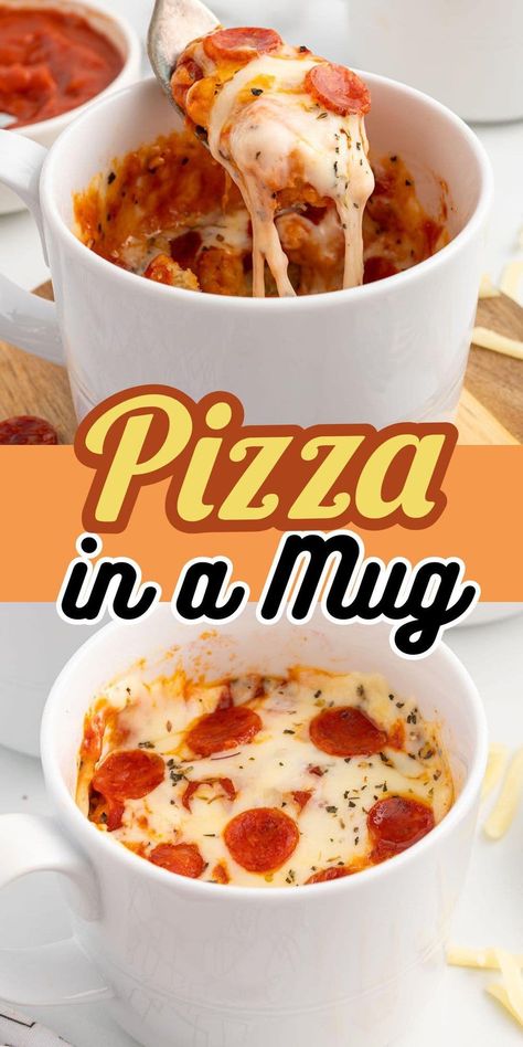 Pizza in a Mug is quick and easy to make in the microwave in under 2 minutes! Perfect for portion control when you only want a single slice without preparing an entire pie. Snacks In The Microwave, Microwave Pancake In A Mug, Single Serving Lunch Recipes, Pizza Mug Cake, Food Recipes For 1 Person, Dinner In A Mug Recipes, Easy Food Microwave, Pizza Mug Recipe, Microwave Snack Recipes