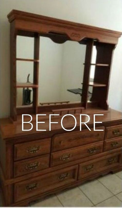 Easy creative dresser furniture flips. Thrift store dresser painted upcycled furniture. How to make over an old dresser. Upcycled dresser ideas DIY. #dresserupdate #dresserupcycle #furnituremakeoverdiyideas Using A Dresser In The Living Room, Jewelry On Dresser Top, Upcycle Dresser Diy, Dresser Into Shelves, Old Bedroom Furniture Makeover, Dresser Flips Before After, Dresser Ideas Diy, Dresser Makeover Kids, Dresser Decor Aesthetic