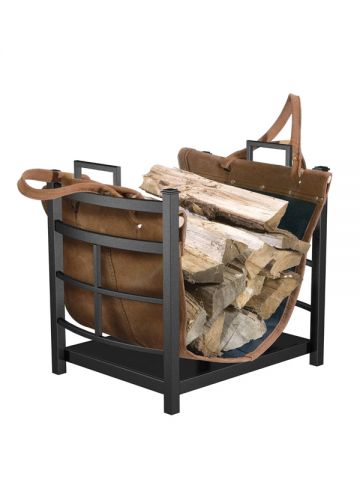 Hauling wood from the shed to the house is now simpler than ever. The removable leather tote attaches to a powder-coated metal stand that remains fireside. Indoor Firewood Rack, Firewood Storage Indoor, Firewood Carrier, Firewood Racks, Wood Storage Rack, Log Carrier, Log Home Interiors, Log Home Plans, Firewood Holder