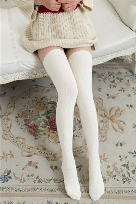 The thigh-high knitted socks with classic cable knit pattern construction look more fashionable and stylish. wear this in three styles thigh-high stocking, slouchy socks, and knee-high stocking. #kneehigh #kneehighsocks Thigh High Socks Aesthetic, Cute Thigh High Socks, White Thigh High Socks, Workout Leggings Outfit, White Thigh Highs, Knit Boot Socks, Thigh Socks, Socks Aesthetic, Knee High Stockings