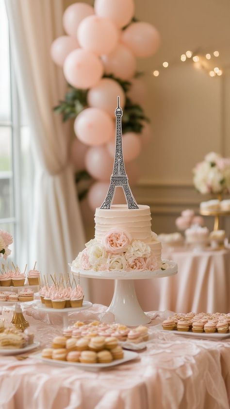 Elegant Paris-themed birthday party setup with Eiffel Tower cake topper, pink floral decor, and delicate pastries. Paris Cake Design, Oui Oui Three Birthday, Paris Themed Party Food, Paris First Birthday Party, Parisian Birthday Party Kids, Paris Tea Party Theme, French Birthday Party Ideas, Bonjour To Four, Paris Theme Cake