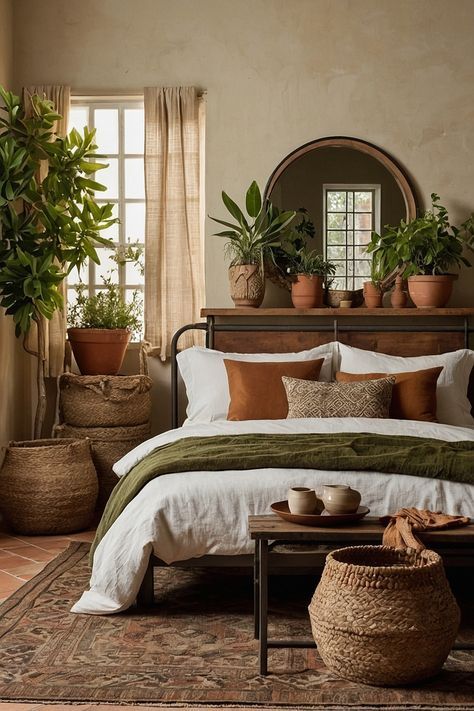 Fresh Bedroom Aesthetic, Contemporary Boho Interior Design, Rust Brown And Green Bedroom, Different Home Interior Styles, Boho Home Decor Bedroom, Earthy Romantic Bedroom, Bedroom Design Nature, Moody Bohemian Decor, Aesthetic Rustic Bedroom