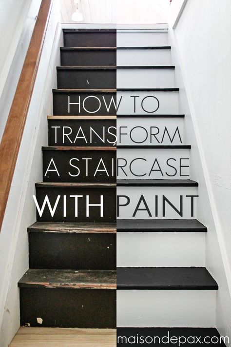 How to Paint Stairs {the Easy Way} - Maison de Pax How To Paint Indoor Stairs, How To Paint Wooden Stairs, How To Paint Stair Risers, Paint Wood Stairs, Painting Plywood Stairs, Repaint Stairs, Painted Black Staircase, How To Paint Stairs Black, Stairs Makeover Ideas Paint