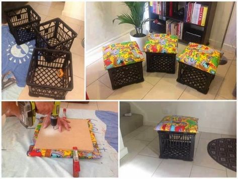 Creative uses for milk crates | Ever After . . . My Way Milk Crate Seats, Milk Crates Diy, Crate Stools, Crate Ottoman, Milk Crate Storage, Plastic Milk Crates, Diy Storage Ottoman, Crate Bench, Crate Seats