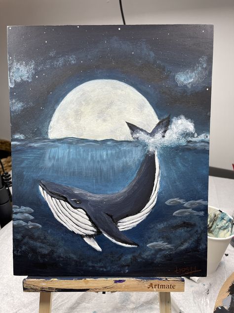 Painting Of Whale, Ocean Whale Painting, Whale Painting Acrylic Easy, Acrylic Painting Whale, Simple Whale Painting, Whale Painting Ideas, Whale Acrylic Paintings, Whale Painting Easy, Ship Painting Acrylic