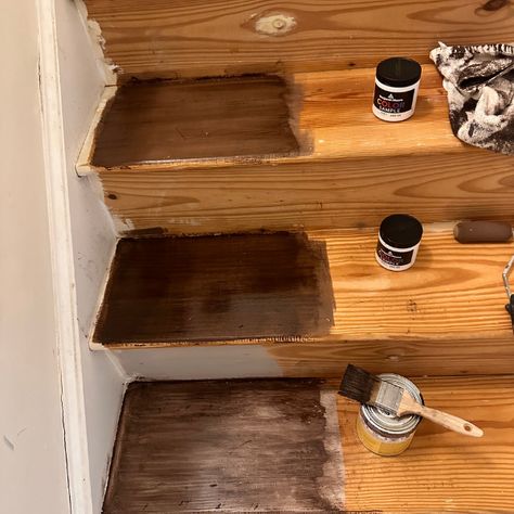 Painting and Staining Pine Stair Treads 2x12 Pine Stair Treads, Stain Stairs Diy Staircase Makeover, Painted Stair Tread Ideas, Gel Stain Stairs Treads, Staining Basement Stairs, Pine Staircase Makeover, How To Refinish Stair Treads, Paint Wood Stairs, Staining Pine Stair Treads