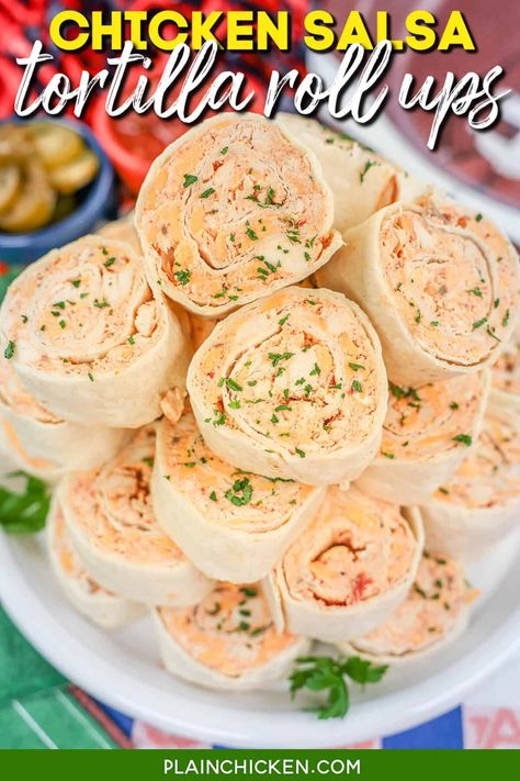 Chicken Salsa Tortilla Roll Ups – LOVE these easy tortilla sandwich pinwheels! Chicken, cream cheese, salsa, taco seasoning, and cheddar cheese wrapped in tortillas and cut into slices. Can make ahead and refrigerate until ready to serve. Great for parties or an easy lunch or dinner! Taco Chicken Roll Ups, Chicken Tortilla Rollups, Chicken Ranch Tortilla Wraps, Chicken And Cheese Pinwheels, Salsa Tortilla Roll Ups, Salsa Pinwheels Cream Cheese, Taco Chicken Wraps, Best Tortilla Roll Ups, Mexican Chicken Pinwheels With Rotel