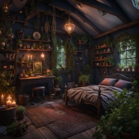 Dark Green Bedroom Cottagecore, Dark Forestcore Bedroom, Dark Academia Bedroom Aesthetic, Cottage House Aesthetic, Dark Cottagecore Bedroom, Witch Aesthetic Bedroom, Cottagecore Aesthetic Bedroom, Dark Cottage Core Aesthetic, Dark Cottagecore House